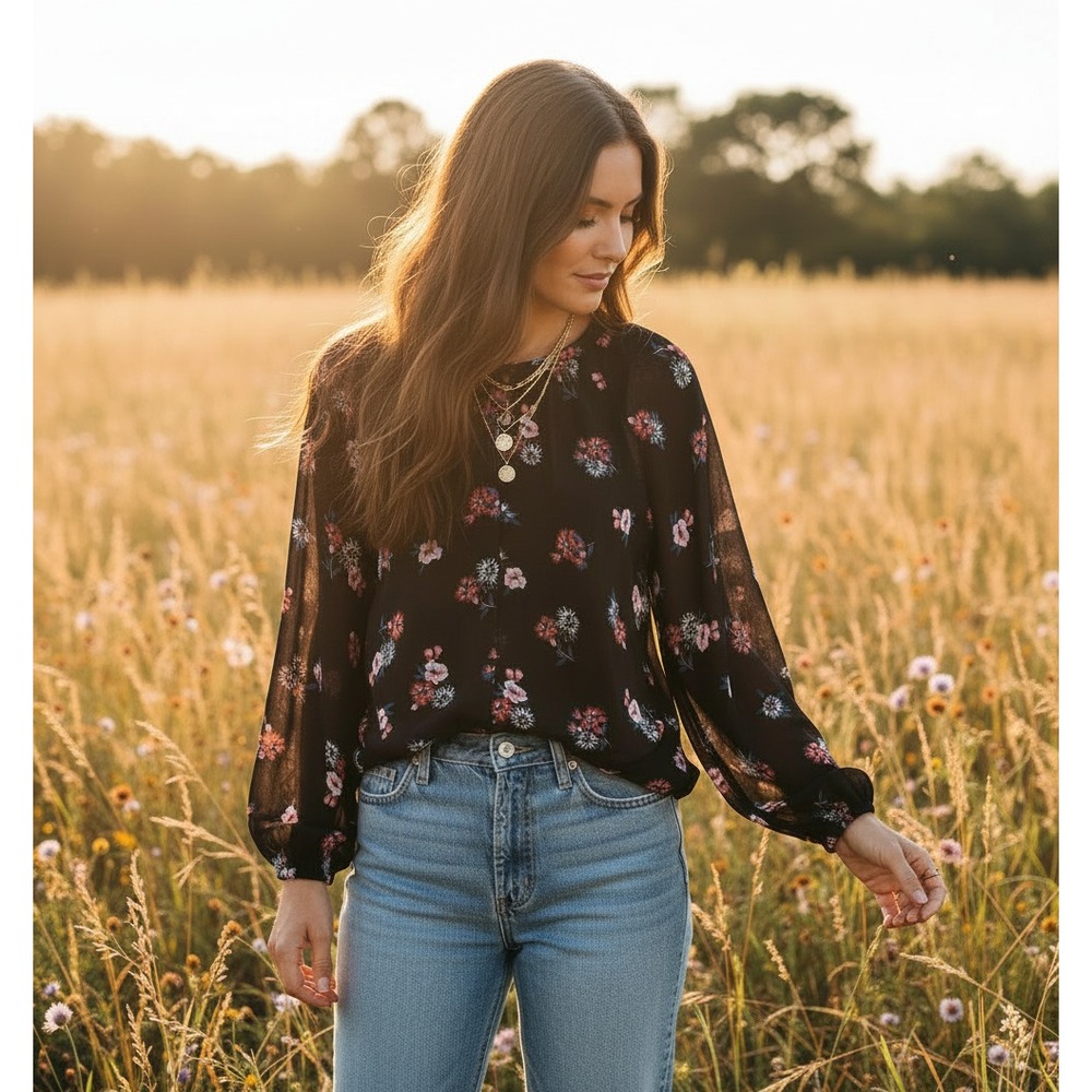 Express M Top‎ Black Floral Button Blouson Boho Fairy Whimsigoth Romantic Chic